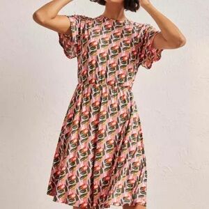 Boden Flutter Sleeve Jersey Dress Size 16/18 Long w/pockets in pink green floral